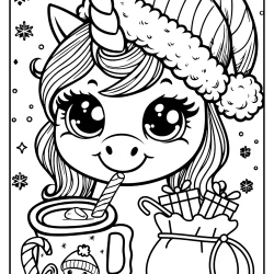 cute coloring page with christmas gifts unicorn wearing santa hat and drinking hot chocolate with snowflakes falling down