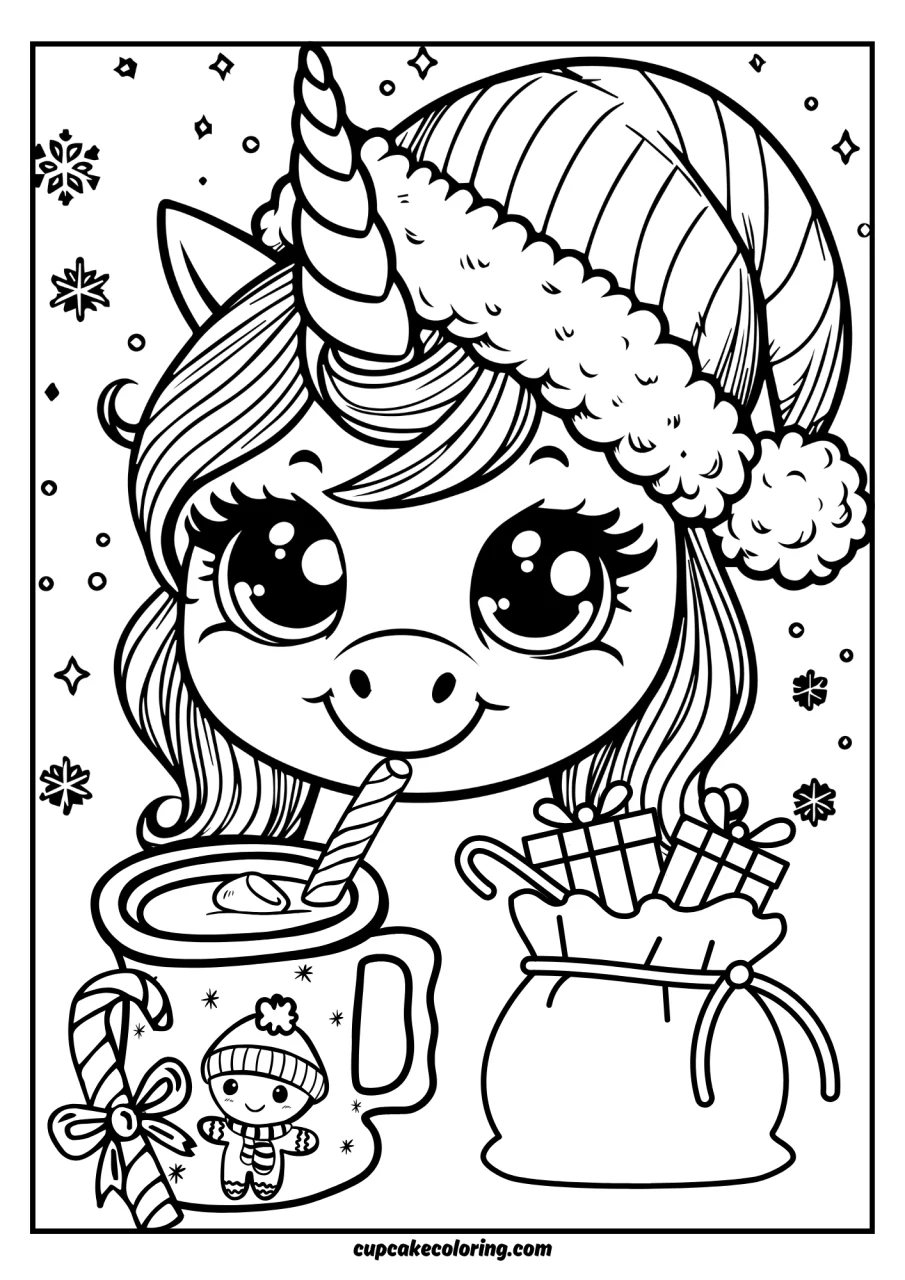 cute coloring page with christmas gifts unicorn wearing santa hat and drinking hot chocolate with snowflakes falling down