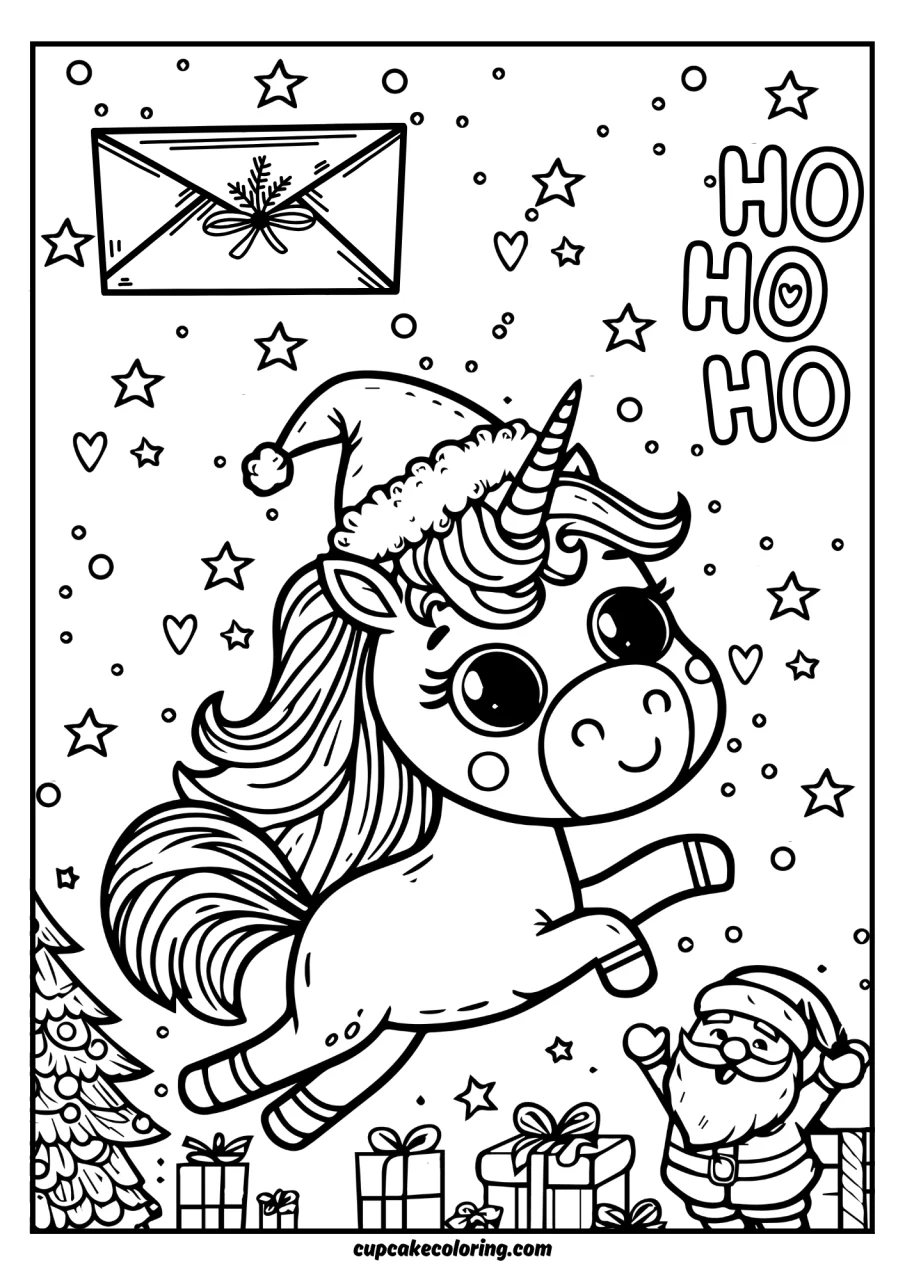 santa claus coloring page with unicorn and letter