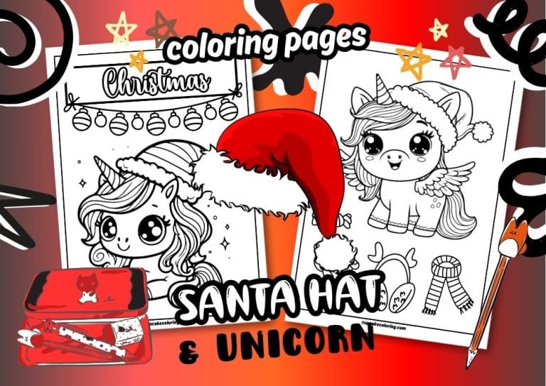 Christmas Unicorn with santa hat coloring pages Free printable