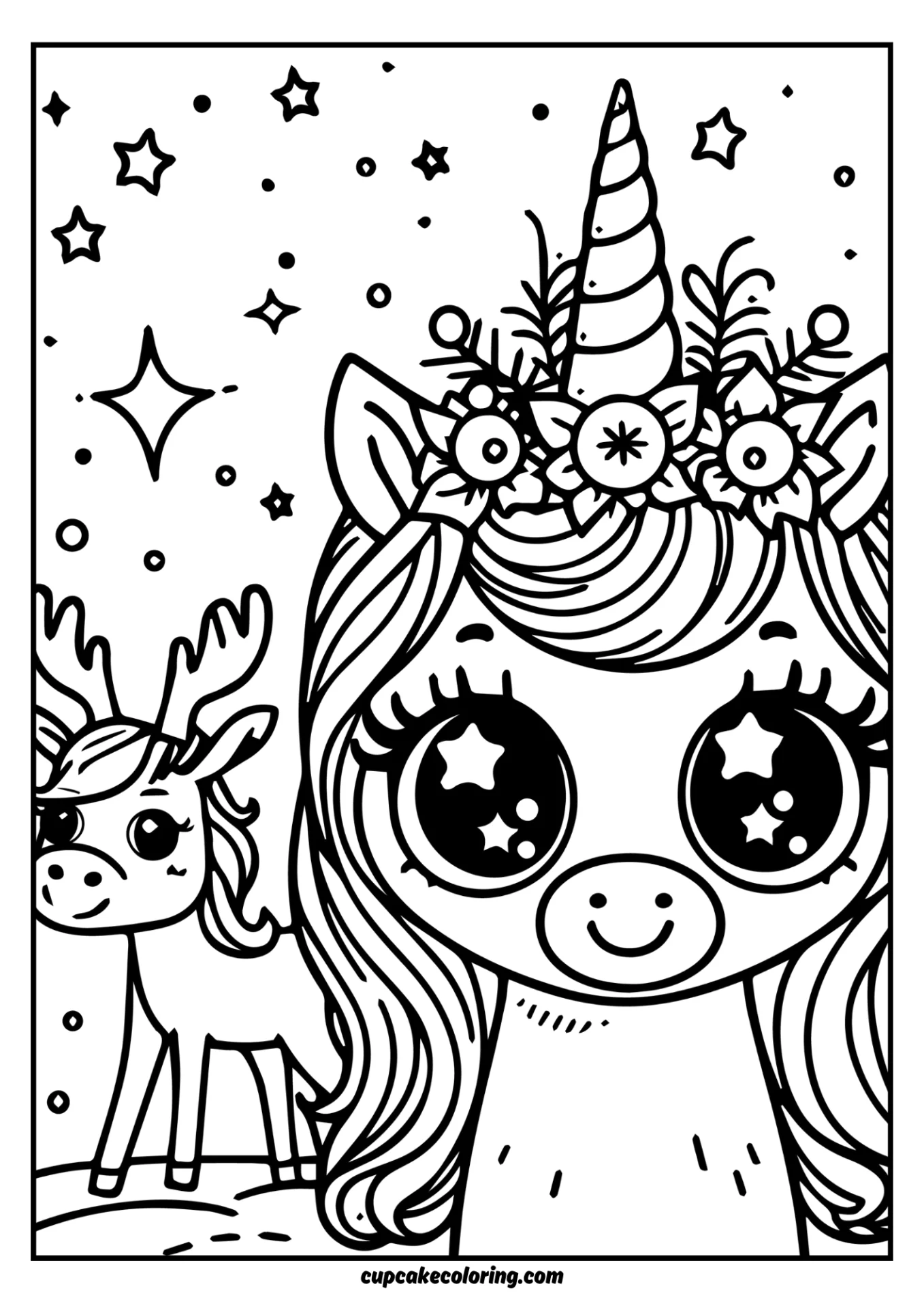 Adorable unicorn with deer sheet page to color