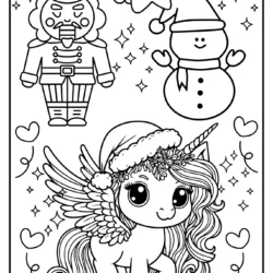 Christmas pictures to color of unicorns with snowman