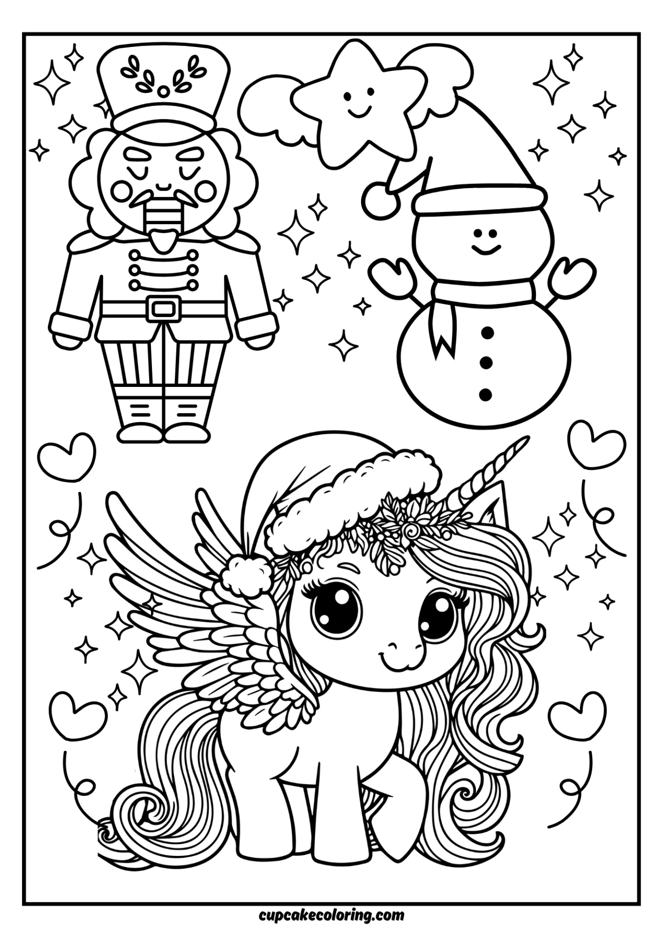 Christmas pictures to color of unicorns with snowman