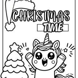 Christmas time cute coloring book page with a tree and happy unicorn very festive for the hollydays
