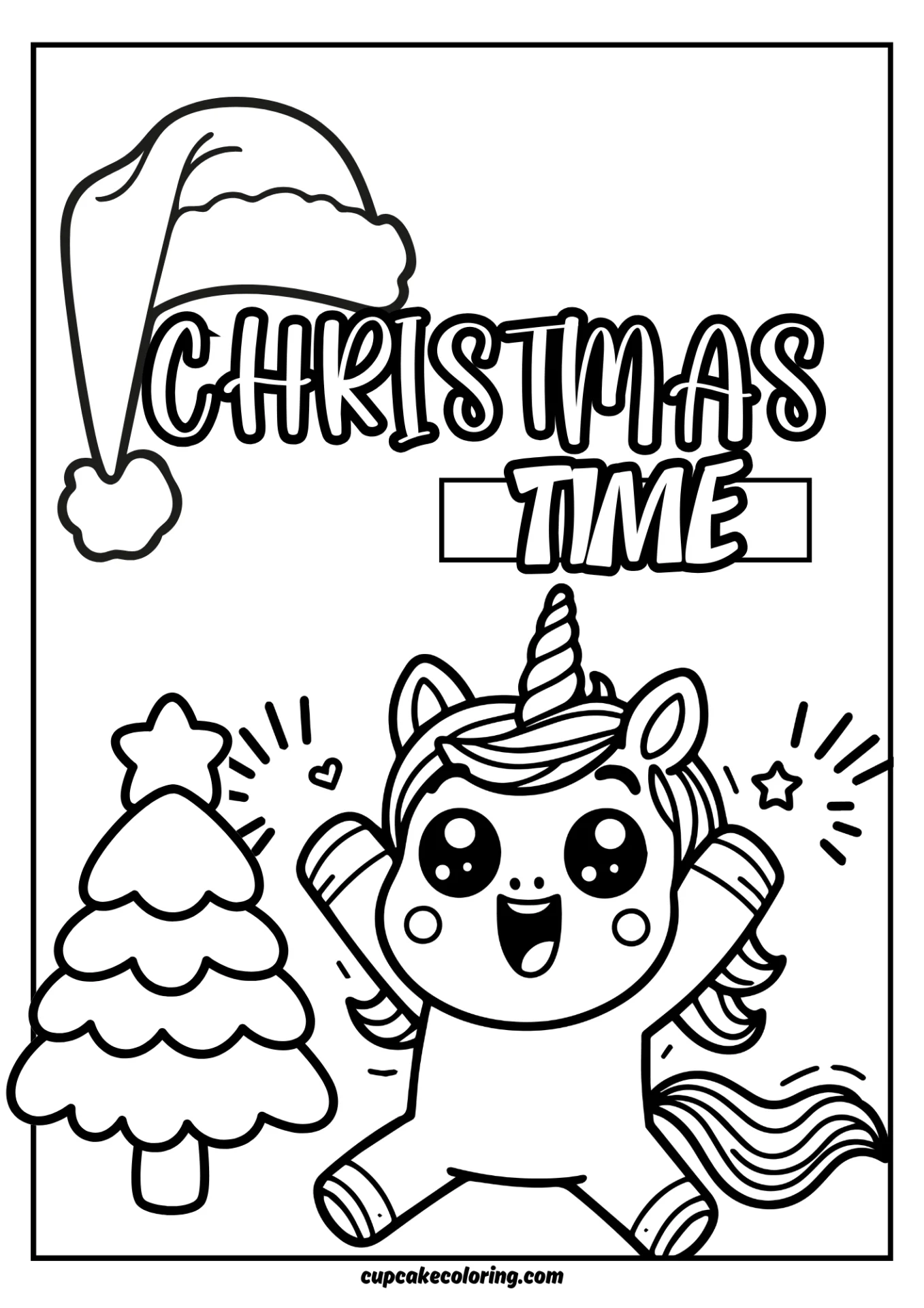 Christmas time cute coloring book page with a tree and happy unicorn very festive for the hollydays