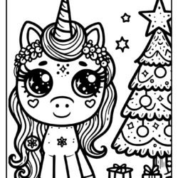 Christmas tree coloring pages with unicorns