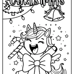 Christmas unicorn with a bow – page of a book to color printable for free