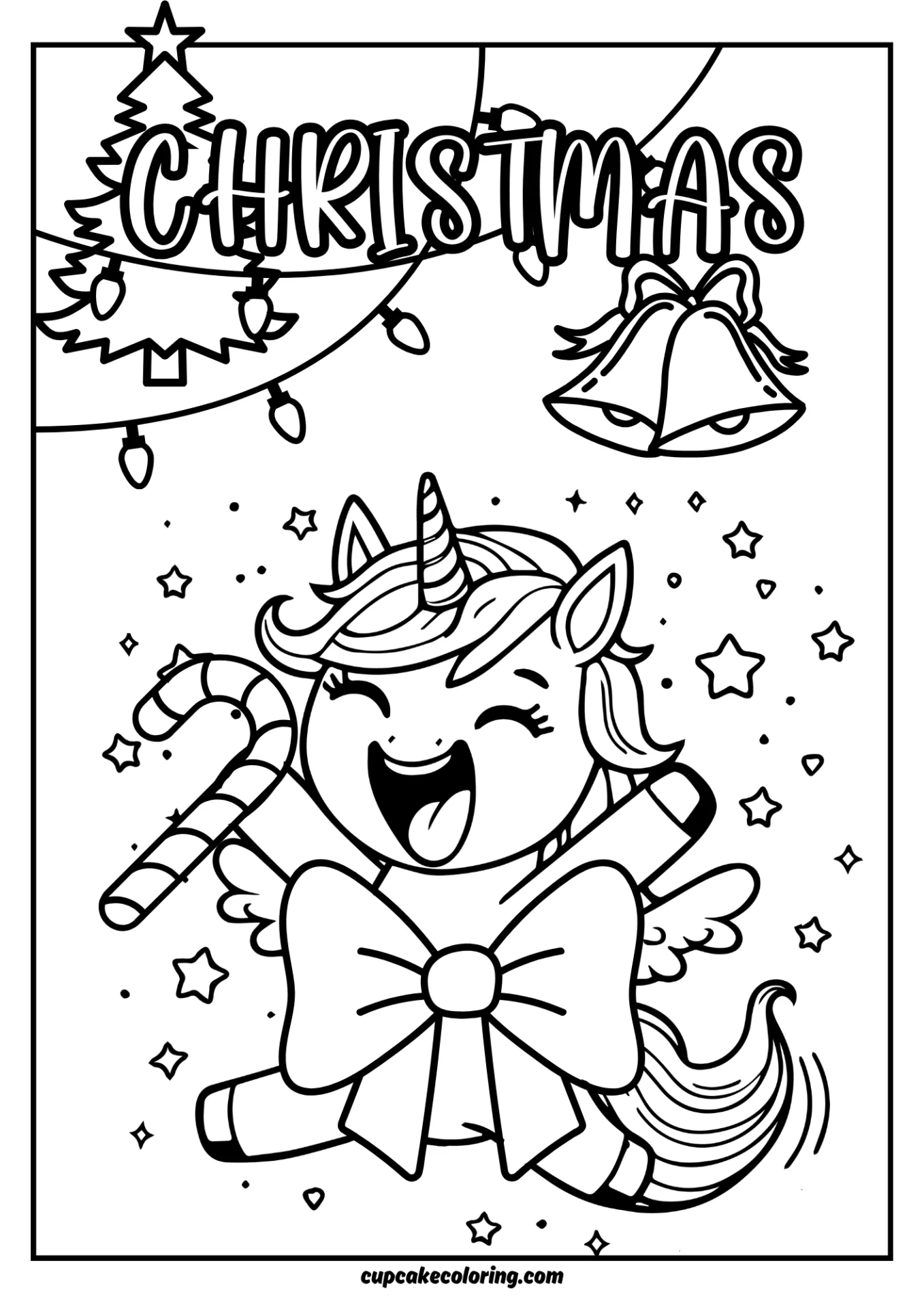 Christmas unicorn with a bow – page of a book to color printable for free