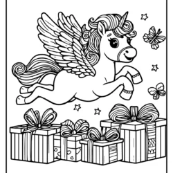 Coloring book page unicorn with gifts and butterflys