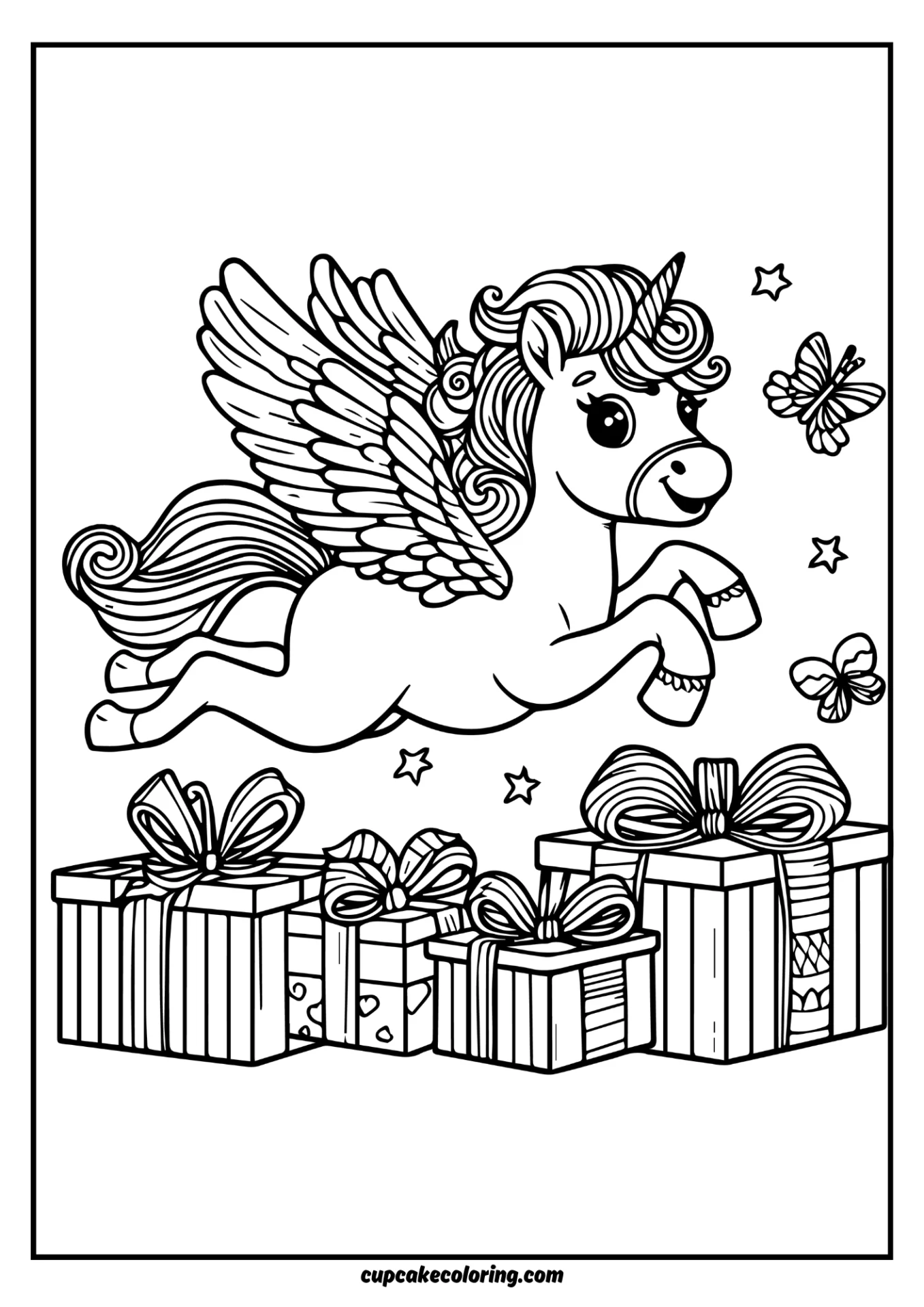 Coloring book page unicorn with gifts and butterflys