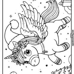 Coloring sheet Unicorn flying among tree and gifts – hollyday spirit