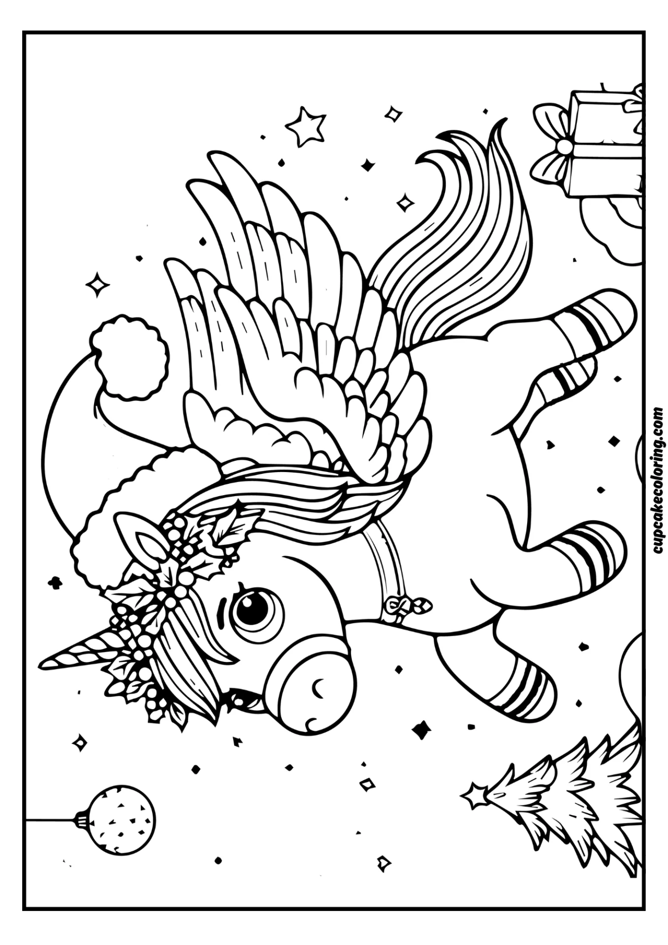 Coloring sheet Unicorn flying among tree and gifts – hollyday spirit
