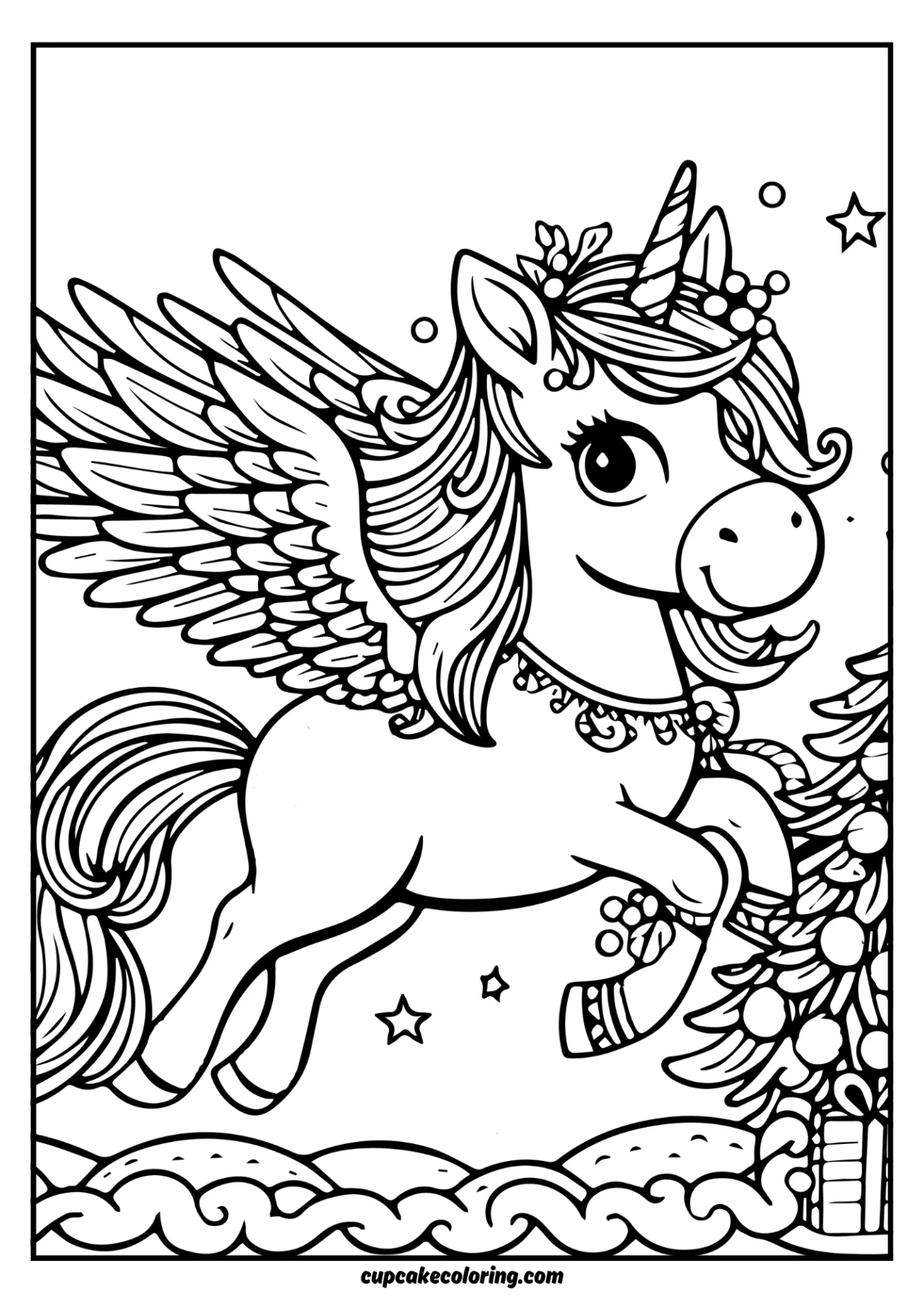 Coloring sheet for christmas with cute unicorn