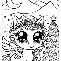 Coloring sheet unicorn little gril with christmas tree, stars and the moon and montains in the bacground