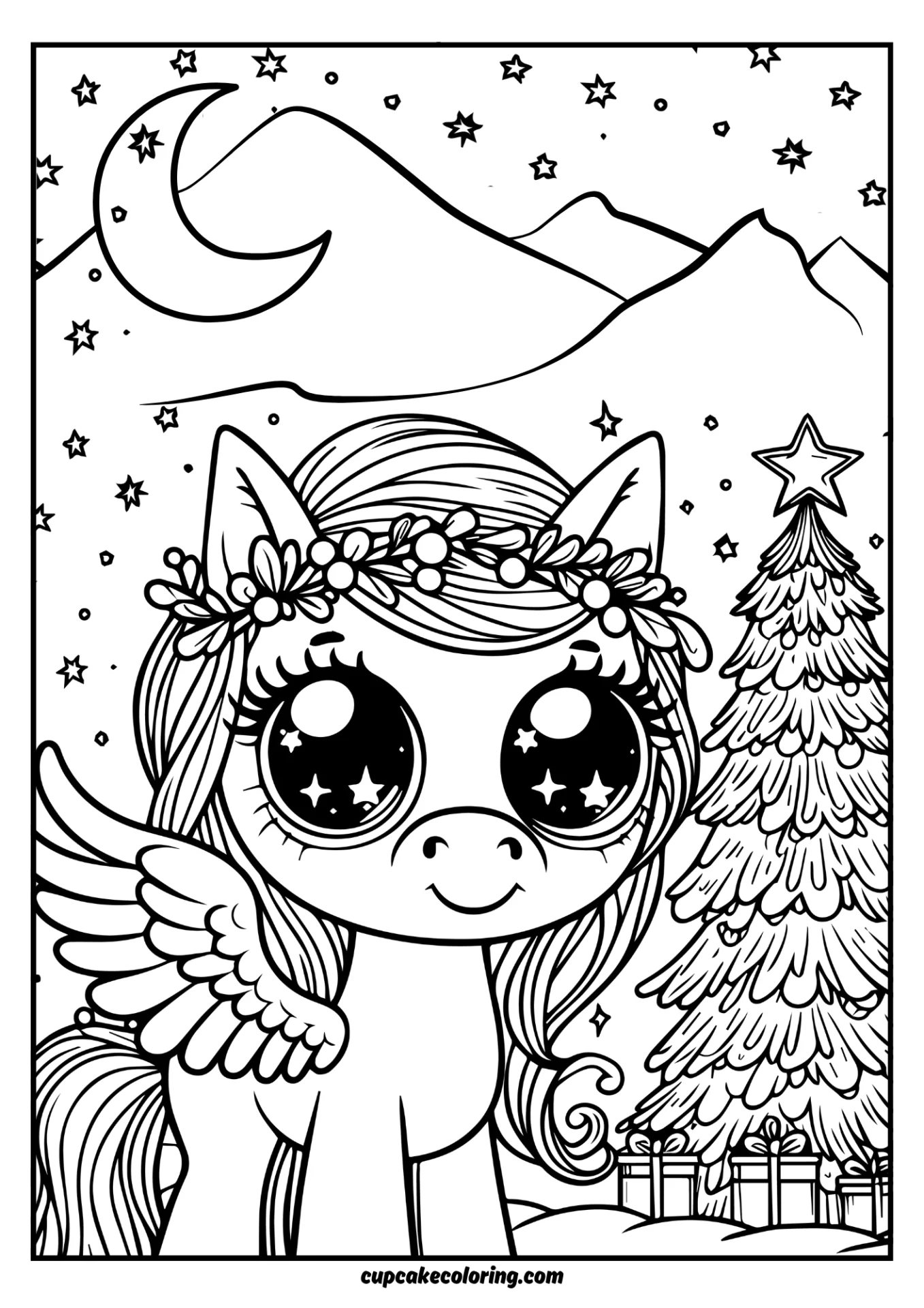 Coloring sheet unicorn little gril with christmas tree, stars and the moon and montains in the bacground
