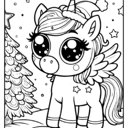 Cute colouring sheet christmas unicorn and tree