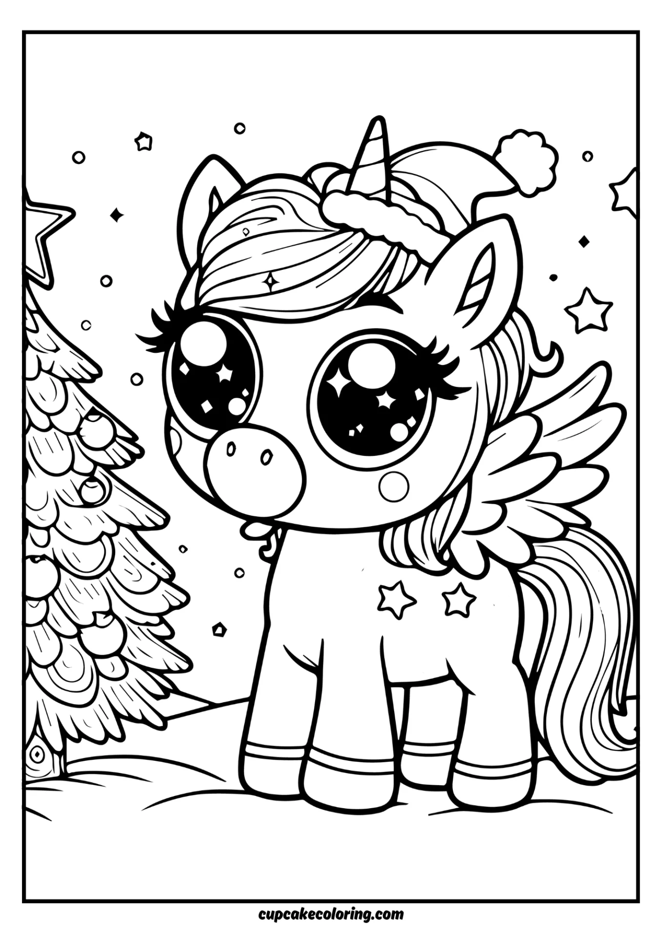 Cute colouring sheet christmas unicorn and tree