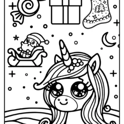 Cute colouring sheet of unicorn for christmas days