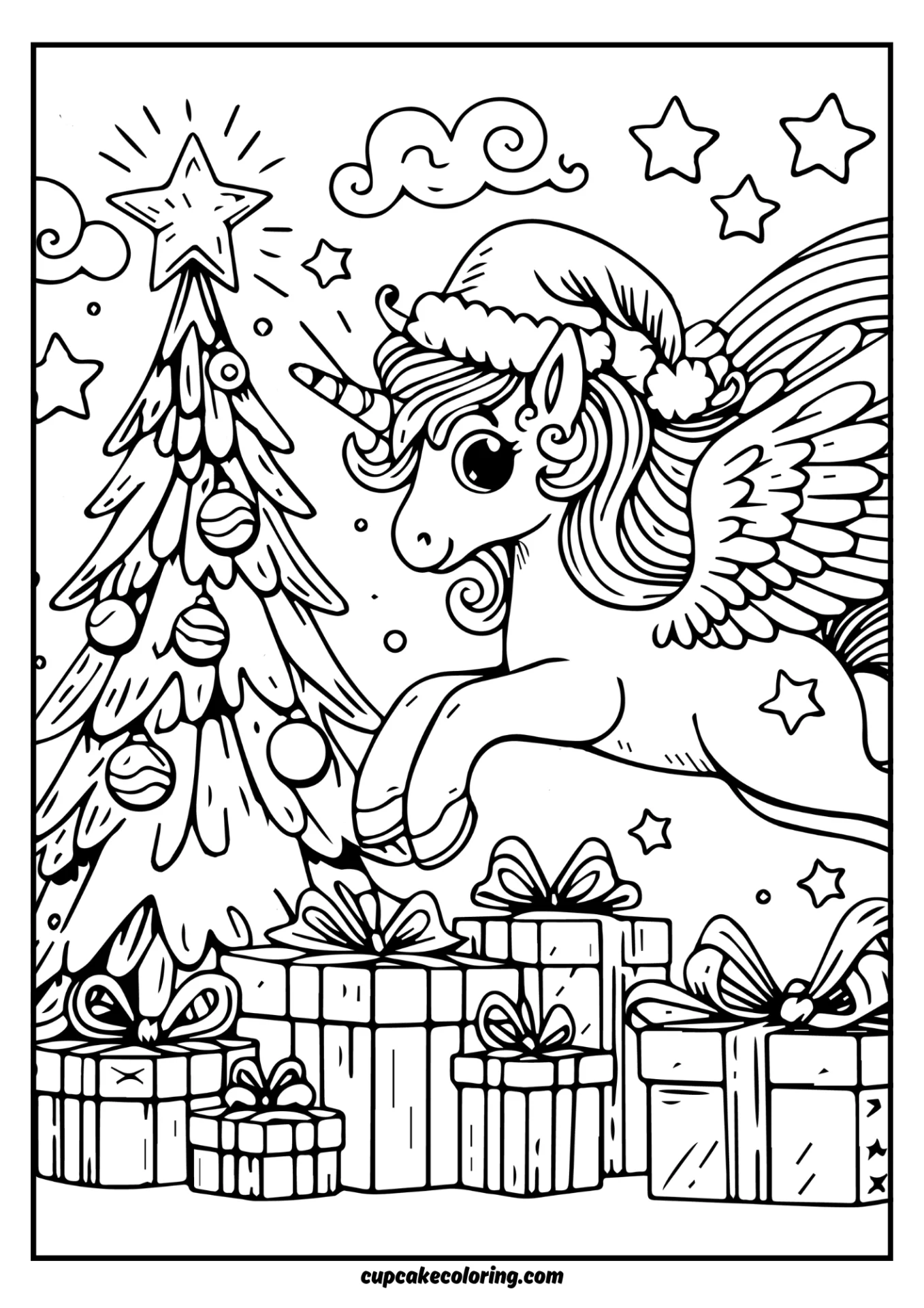 Cute drawing of unicorn for christmas with a lot of gifts