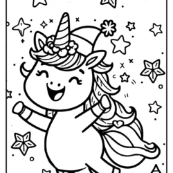 Funny colouring sheet of a happy unicorn in winter