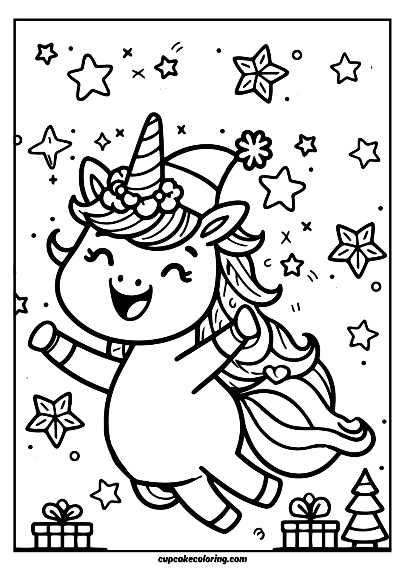 Funny colouring sheet of a happy unicorn in winter