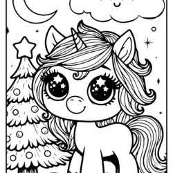 Little unicorn lady with stars in the eyes an cute cloud christmas tree and the moon