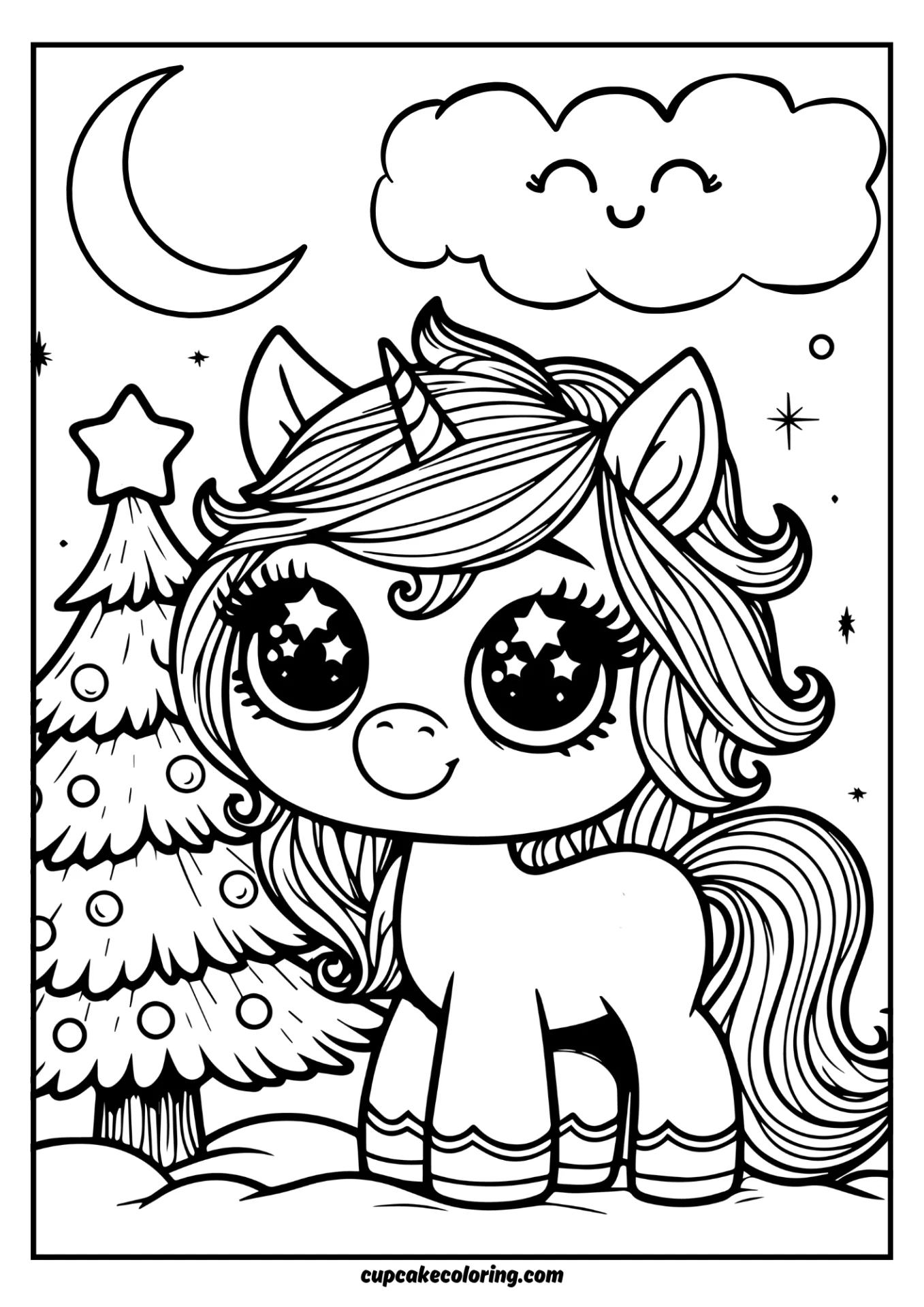 Little unicorn lady with stars in the eyes an cute cloud christmas tree and the moon