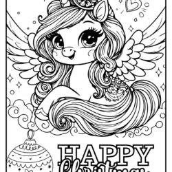 Pegasus Happy christmas coloring book page – unicorn with wings