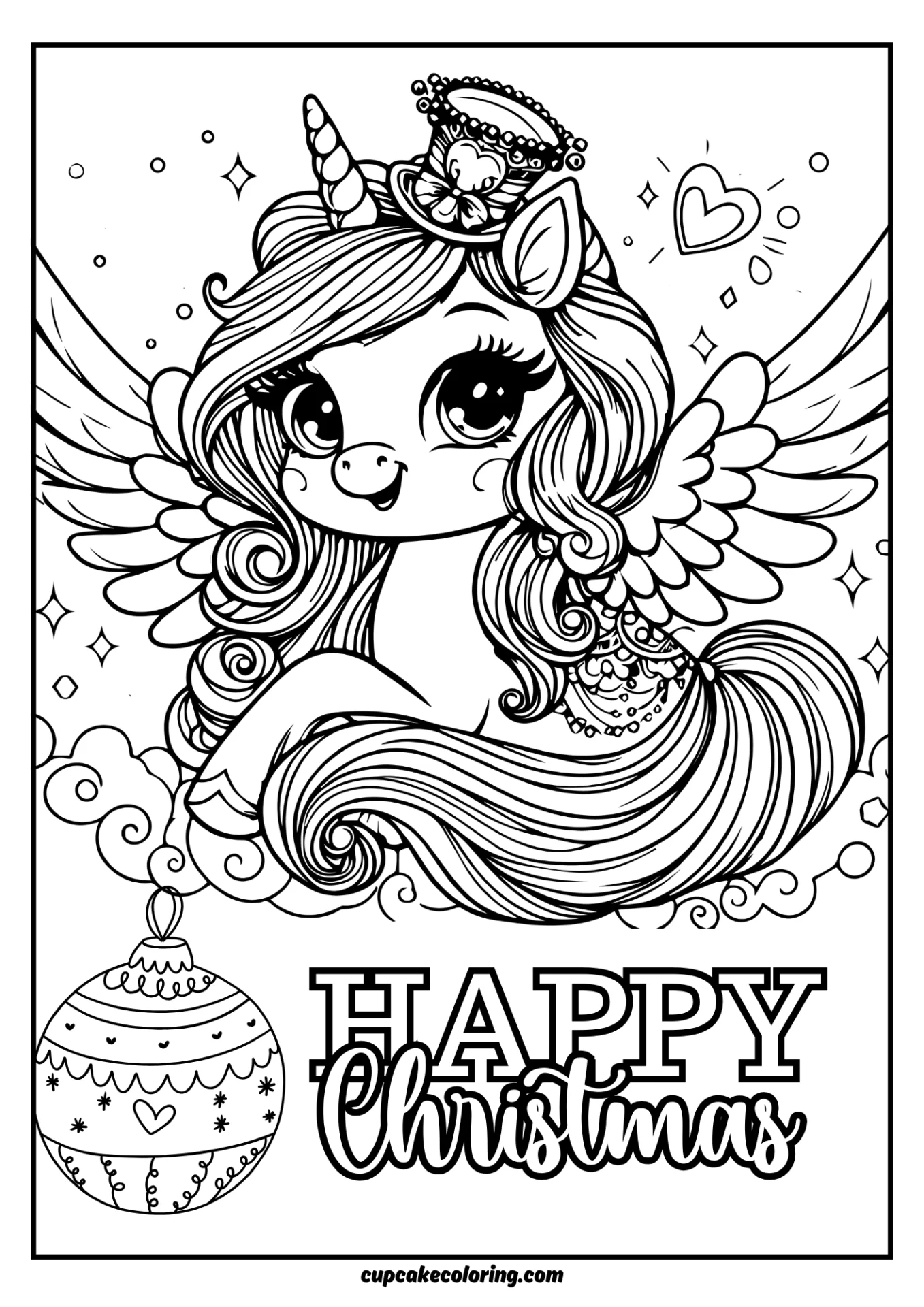 Pegasus Happy christmas coloring book page – unicorn with wings
