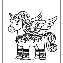Pegasus coloring book page with christmast lights