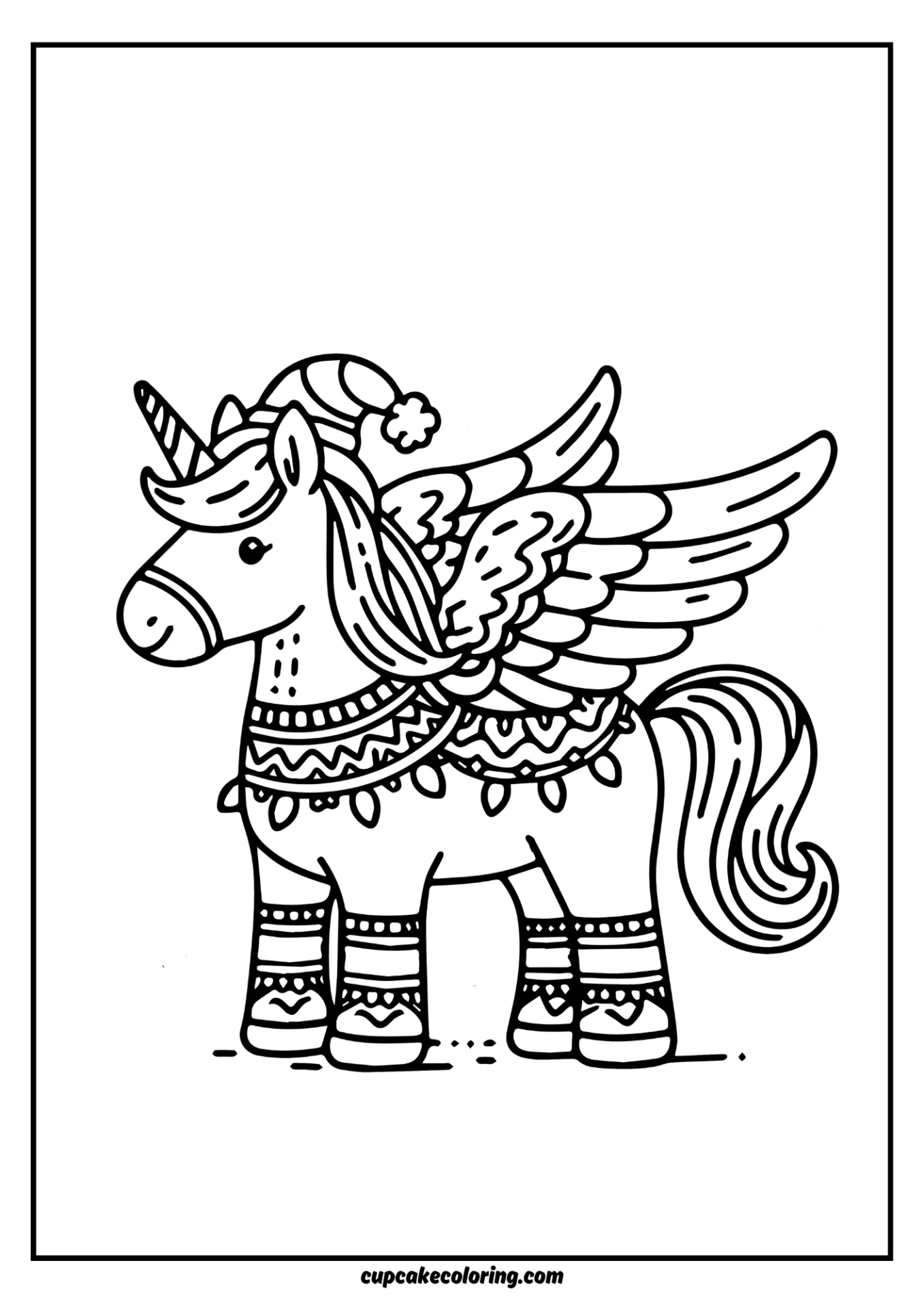 Pegasus coloring book page with christmast lights