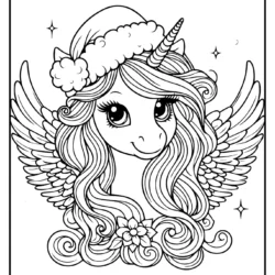 Pegasus coloring sheet with unicorn and adorable Santa heat