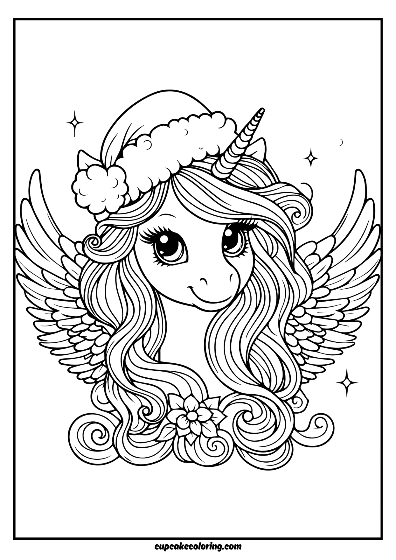 Pegasus coloring sheet with unicorn and adorable Santa heat