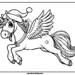 Pegasus with the hat of santa Claus flying in the air pic to color