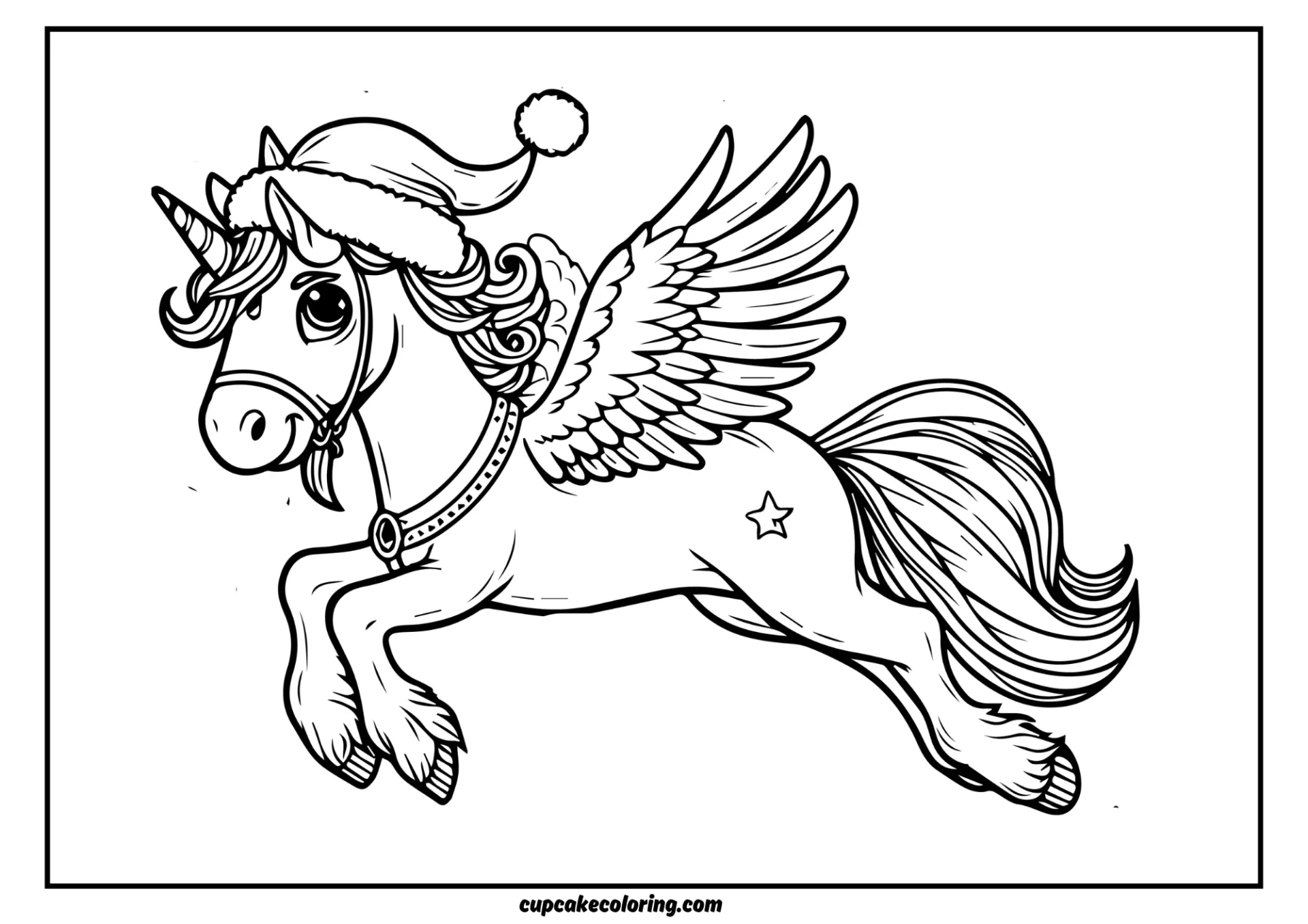 Pegasus with the hat of santa Claus flying in the air pic to color