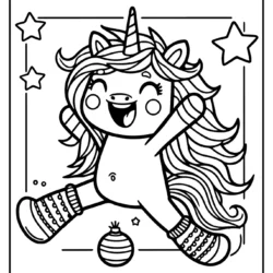 Picture to color in wit happy unicorn with stars in winter