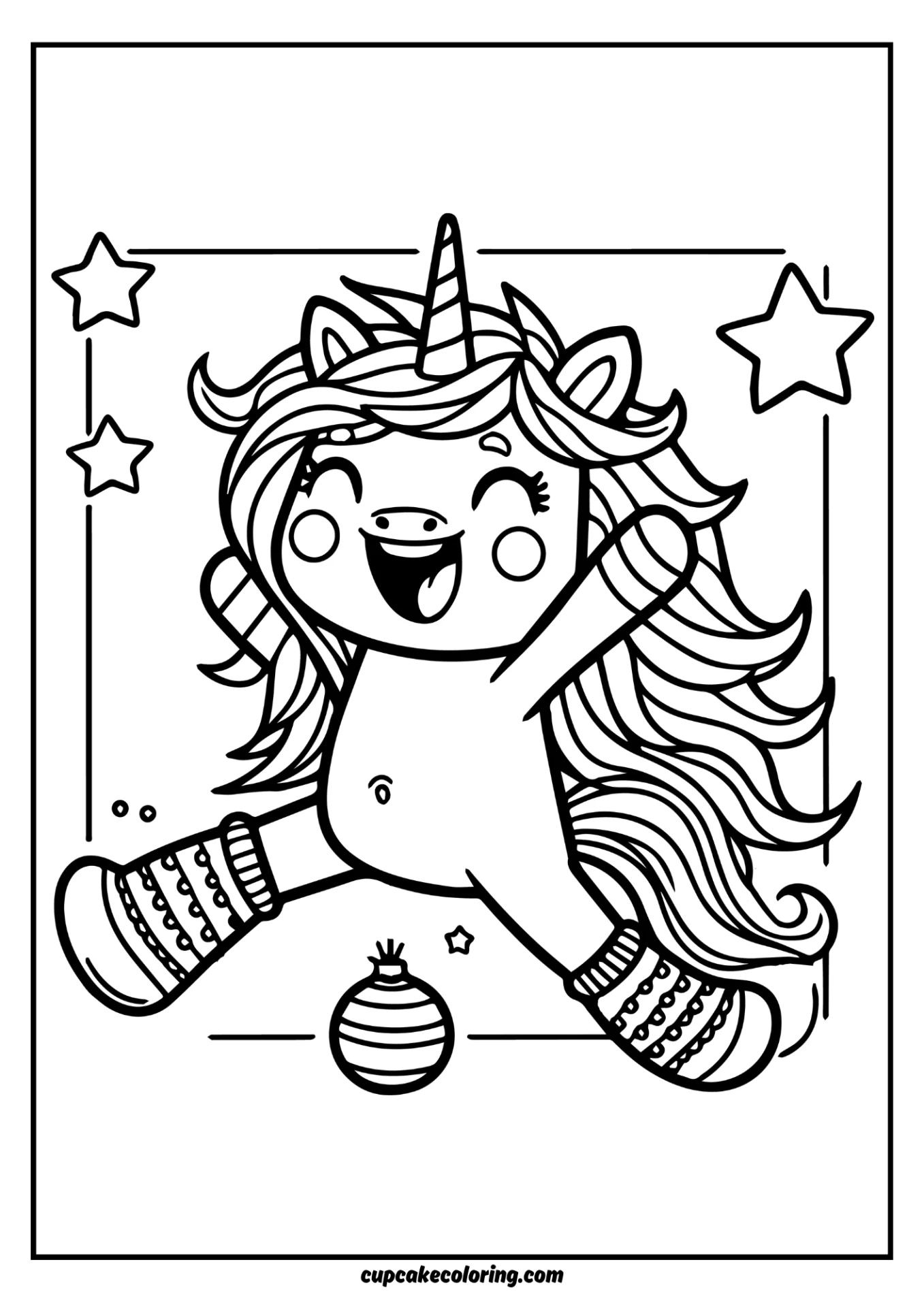 Picture to color in wit happy unicorn with stars in winter
