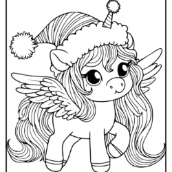 Puffing unicorn coloring book sheet with a hat wings and horn