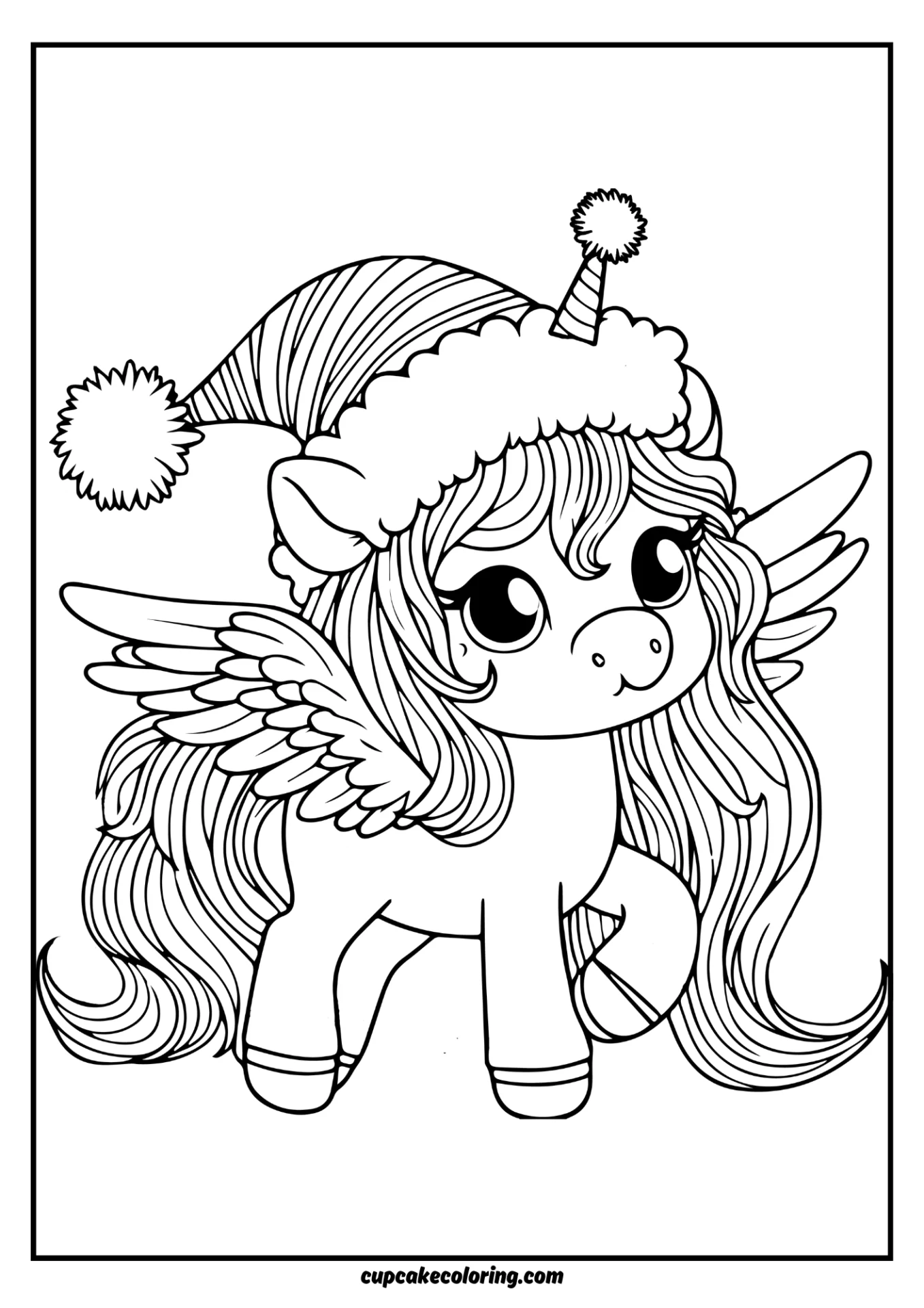 Puffing unicorn coloring book sheet with a hat wings and horn