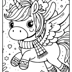 Winter Coloring book page of a pegasus unicorn