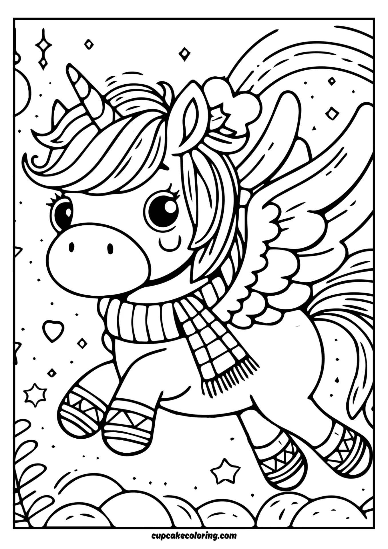 Winter Coloring book page of a pegasus unicorn