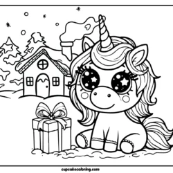 Winter coloring page with unicorn and snowy house