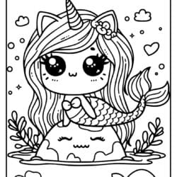 beautiful cat unicorn mermaid coloring page for girls