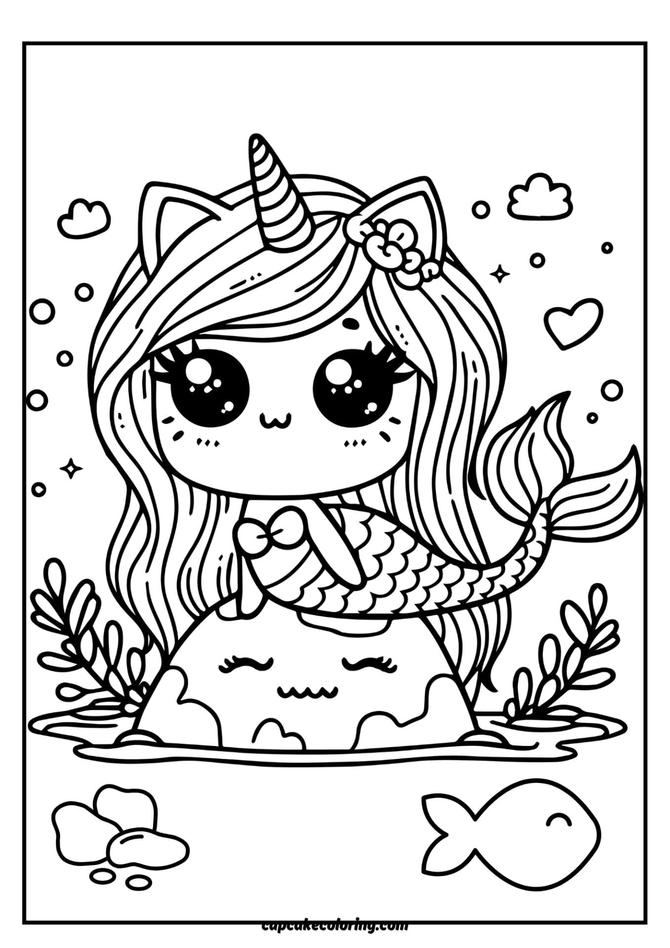 beautiful cat unicorn mermaid coloring page for girls