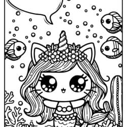 beautiful cat unicorn mermaid coloring page in the see free printable