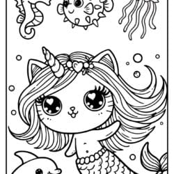 beautiful cat unicorn mermaid coloring page with a dolphin free printable