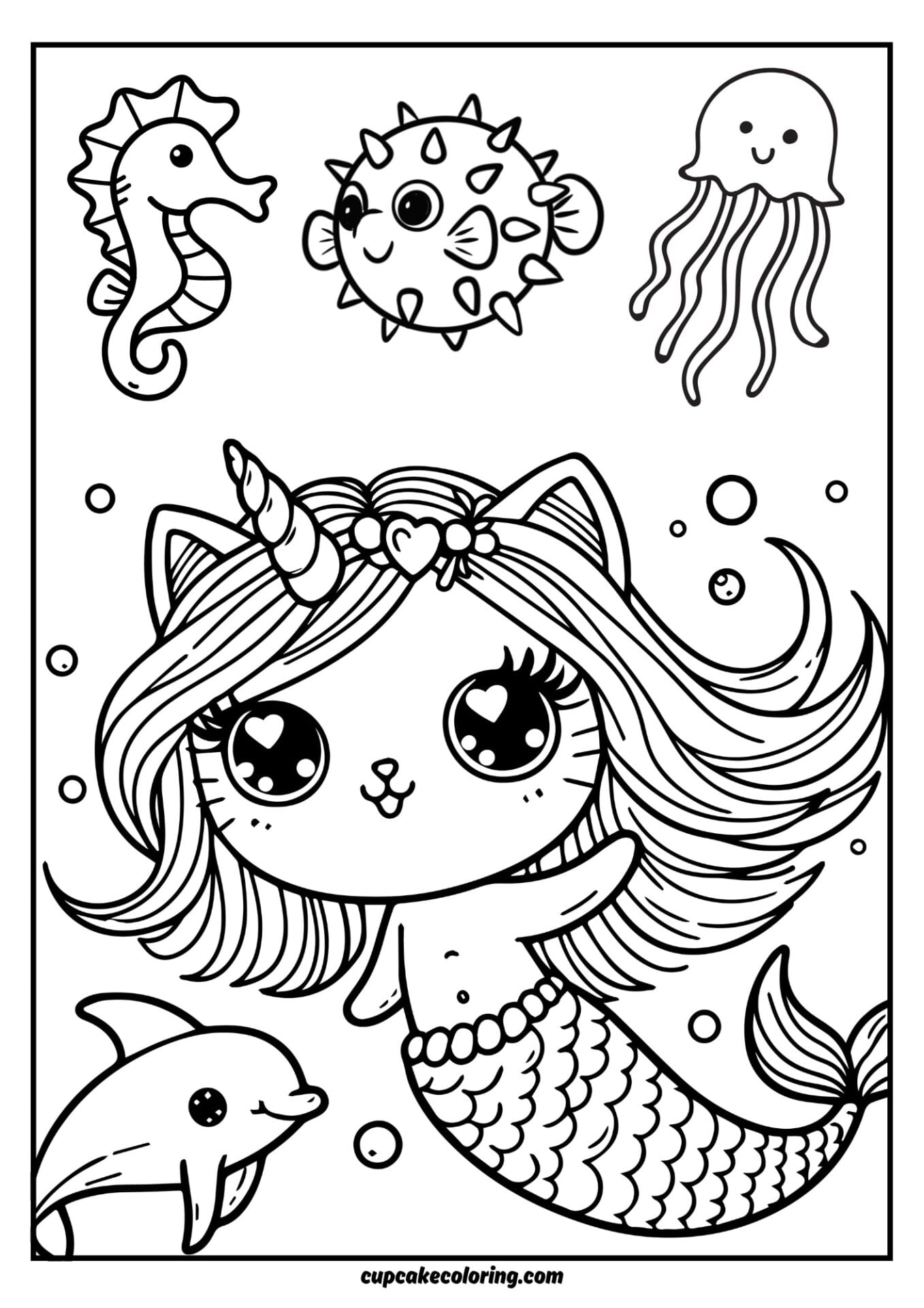 beautiful cat unicorn mermaid coloring page with a dolphin free printable