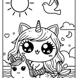 beautiful cat unicorn mermaid picture to color in the see with mermaid unicorn