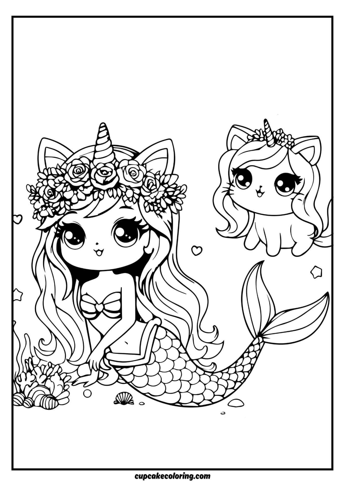 cat unicorn mermaid coloring pages cartoon style lovely free printing