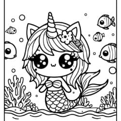 cat unicorn mermaid image to color in for little kids of age 7